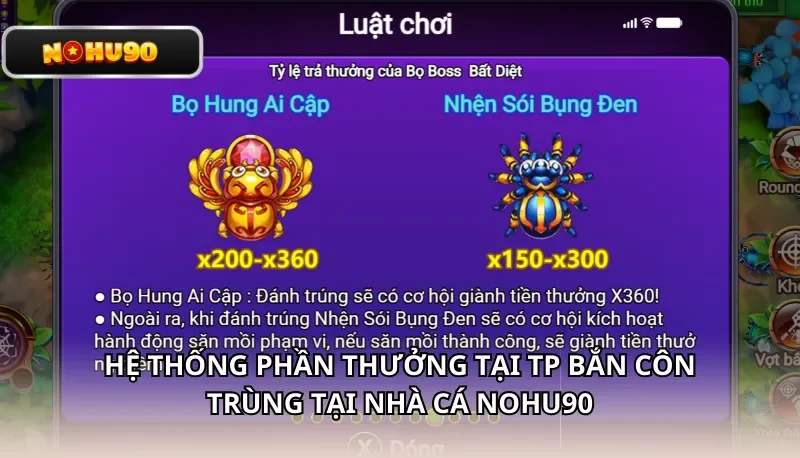 Hệ thống phần thưởng tại TP Bắn Côn Trùng tại nhà cá Nohu90