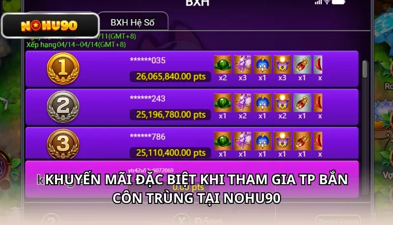 Khuyến mãi đặc biệt khi tham gia TP Bắn Côn Trùng tại Nohu90